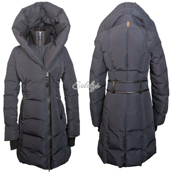 Mackage Kay Down Water Resistant Long Hooded Signature Collar Coat Navy Blue XS - Picture 1 of 14